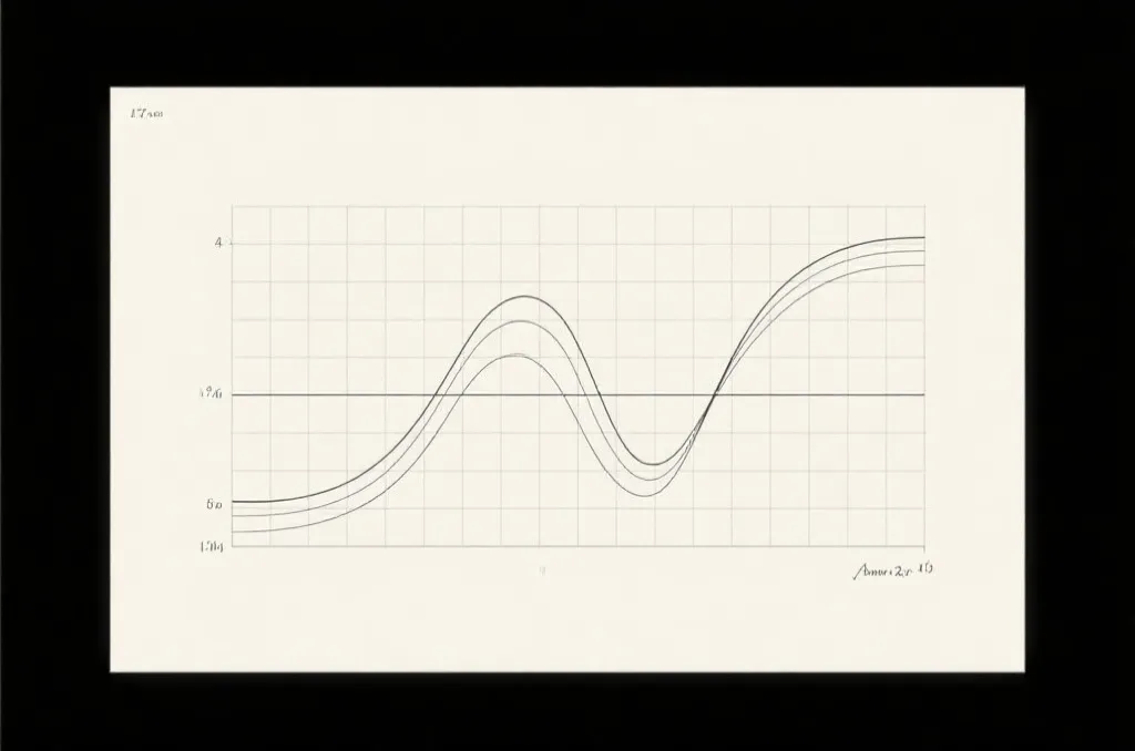 Minimalist abstract mathematical diagram with parallel curves and analytical grid